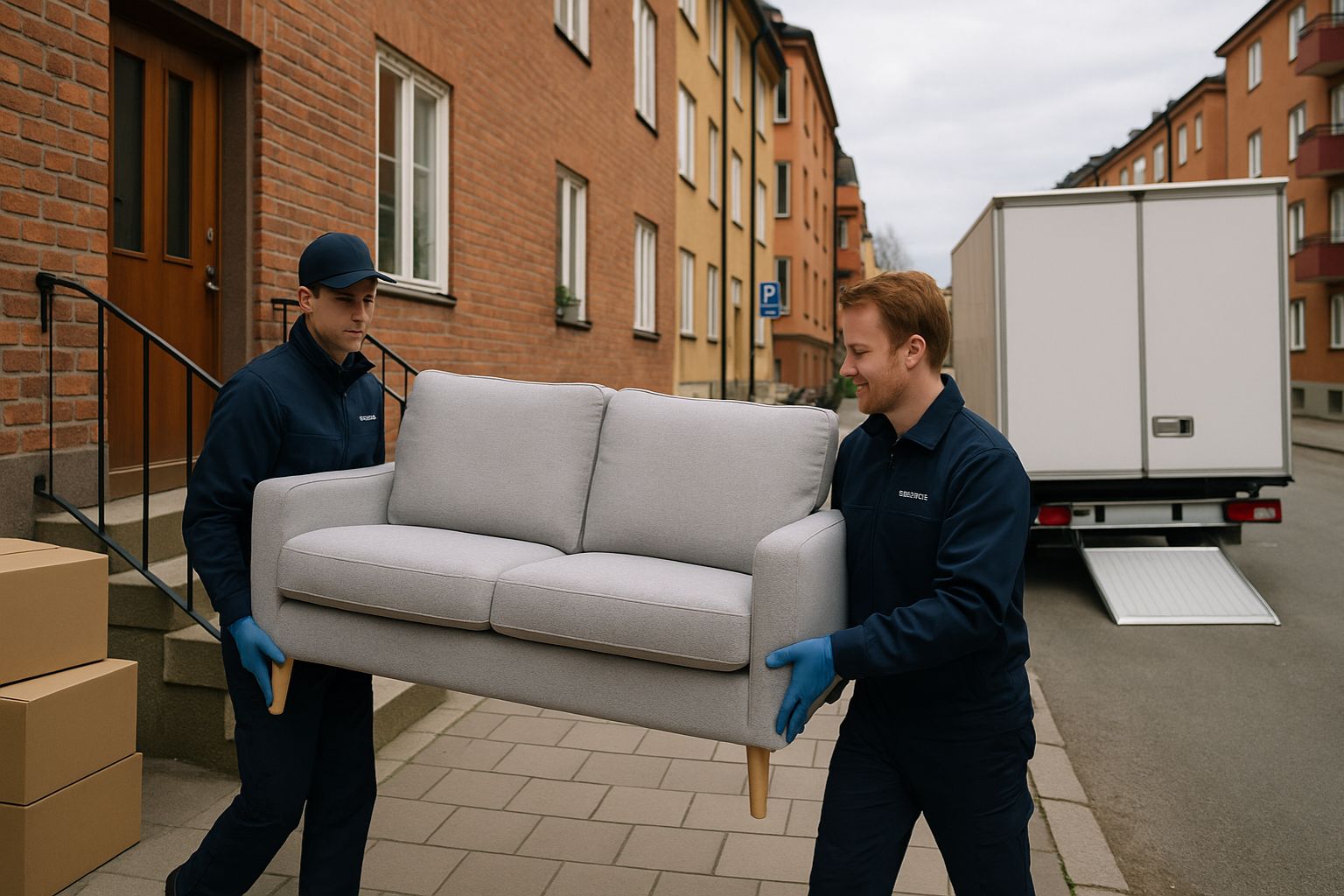 Flyttpersonal bär bohag under en bohagsflytt