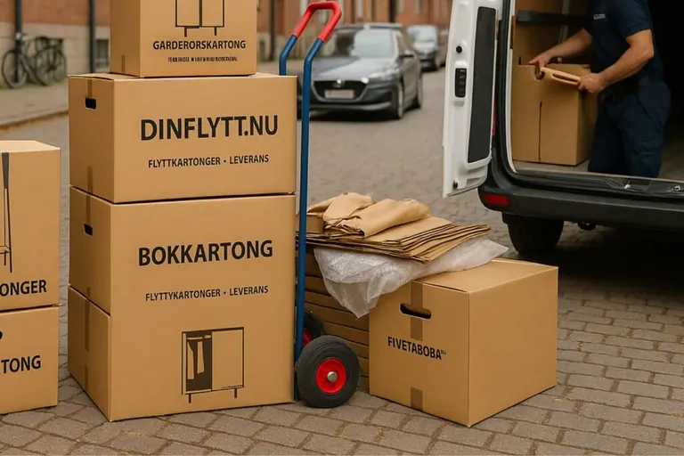 Staplade flyttkartonger redo för leverans i Stockholm