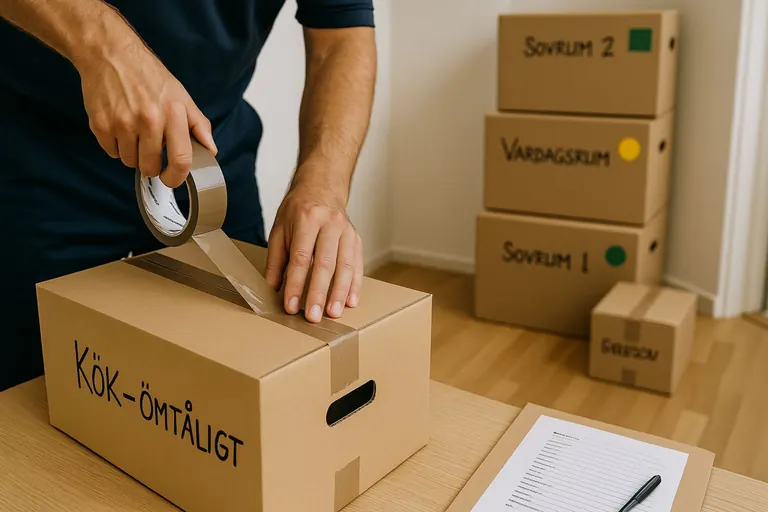 Flyttpersonal tejpar igen flyttlåda