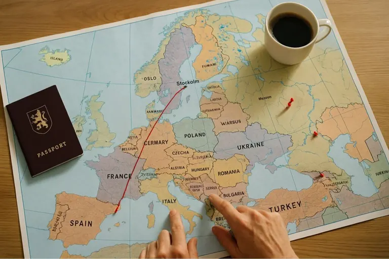 Karta över Europa med rutt vid utlandsflytt